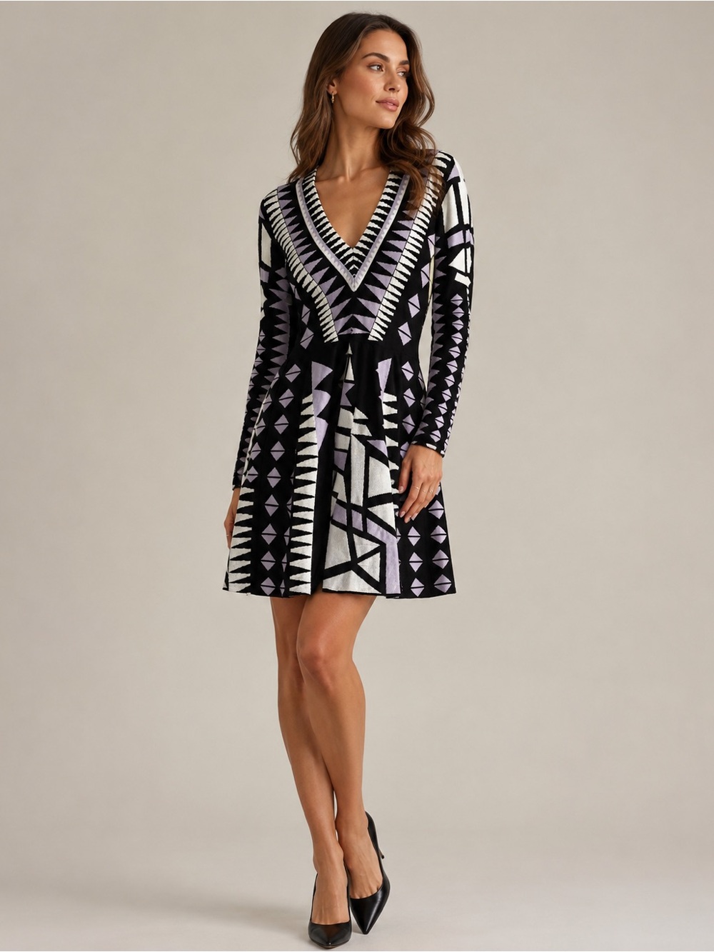 Parker Black Lavender Geometric Heavy Knit Fit & Flare Dress Size M